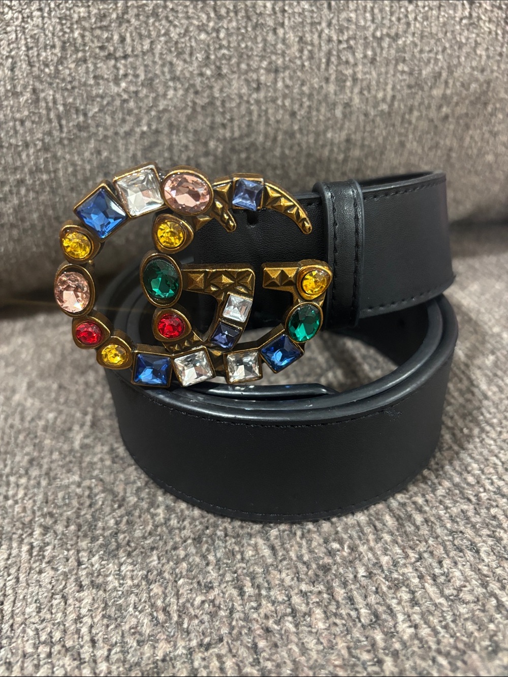 Black Leather Belt with Multicolor Jeweled Buckle